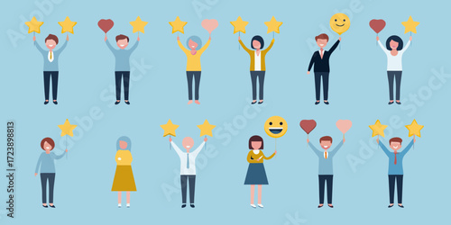 Diverse group of people holding up stars smiley face and heart balloons to express satisfaction and feedback
