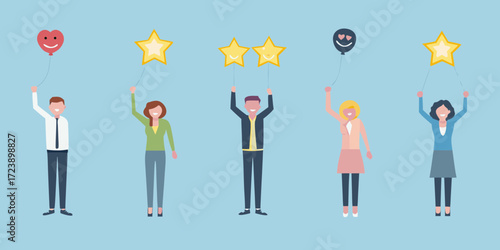 Diverse group of people holding balloons and stars representing ratings and feedback