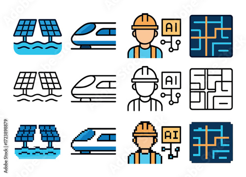 Technological symbols representing solar energy, transportation, ai, and circuitry in neon and outline styles