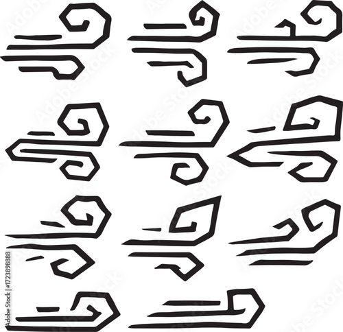 Wind icon doodle set. Air flow symbol collection. Blowing gust and breeze silhouette. Weather cold element. Fresh windy decorative line art swirl pattern vector design.
