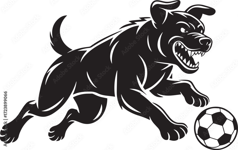 Obraz premium Aggressive dog soccer player kicking ball black silhouette illustration