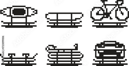 Pixel art icons of outdoor recreation equipment and vehicles