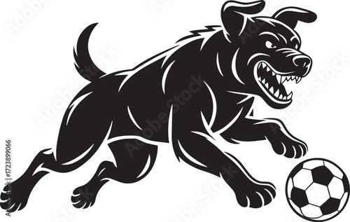 Aggressive dog soccer player kicking ball black silhouette illustration