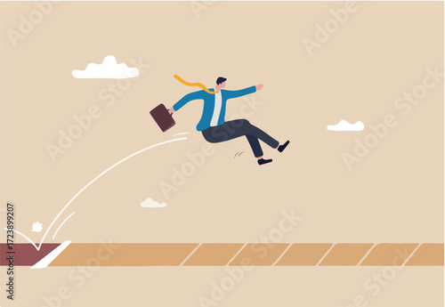 Business challenge, ambition to win competition or better than previous try, effort to achieve target or goal, overcome difficulty concept, businessman with briefcase long jump to winning new record.