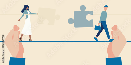 Two business people walking on a tightrope holding puzzle pieces towards each other for collaboration