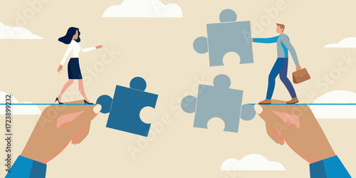 Business people building a bridge with puzzle pieces connecting two sides for collaboration and teamwork