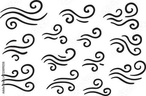 Wind icon doodle set. Air flow symbol collection. Blowing gust and breeze silhouette. Weather cold element. Fresh windy decorative line art swirl pattern vector design.