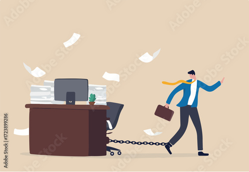 Office job work hard like a slave, overworked with busy and urgent assignment, exhausted or stressful responsibility concept, depressed businessman prisoner found himself chained with working desk.