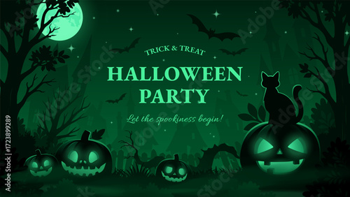 Spooky Green Halloween Banner with Jack-O’-Lanterns