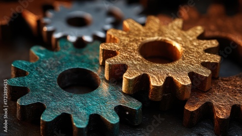 Close-up of metallic gears in various colors, showcasing intricate textures and details, emphasizing the mechanics and engineering behind machinery and industrial design concepts