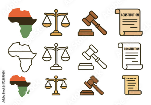 African legal system icons: scales, gavel, constitution on map background