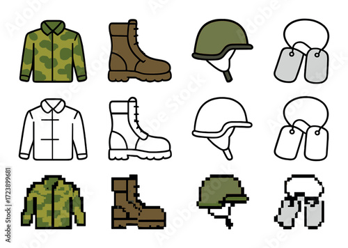 Military gear icons set: camouflage helmet boots dog tags pixel art