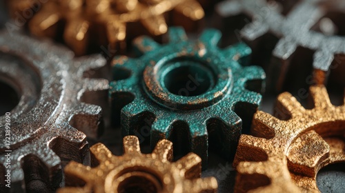Close-up view of metallic gears in various colors, showcasing intricate details and textures, representing mechanical engineering and industrial design concepts