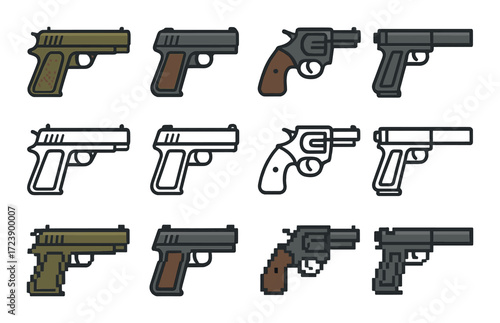 Pixel art gun icons collection: various handgun designs in retro style