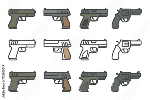 Pixelated gun icons: diverse handguns concept art in 12 unique styles