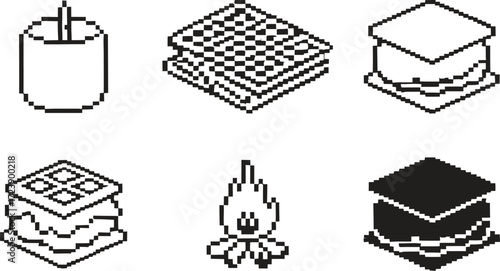Set of six isometric hand drawn icons representing campfire s mores and camping elements