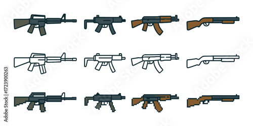 Set of pixel art gun icons: rifles, shotguns, submachine guns