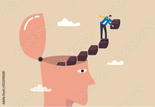 Personal development or personal growth, self improvement to develop mindset, knowledge or skill to achieve success, motivation or advancement concept, businessman build growing stair from his head.