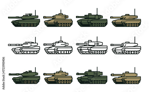 Illustrated military tanks in various orientations and shades on green background
