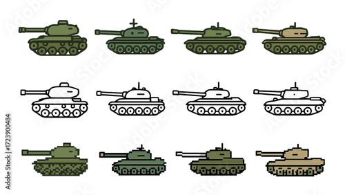 Icon set of military tanks in various styles and colors
