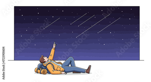 A lone traveler gazing at the celestial dance of shooting stars in the night sky background