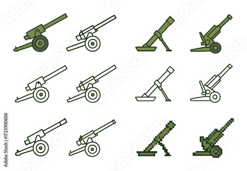Green military weapon icons: cannon and mortar illustrations on camouflage background