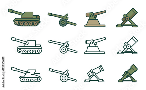 Military artillery icon set: tanks, cannons, mortars on camouflage background