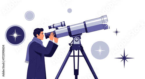 A man in coat looking through a telescope for astronomy and stargazing research
