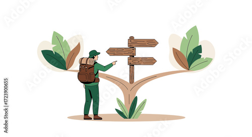 A hiker contemplating directions at a crossroads, deciding which path to follow during his