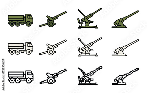 Set of military artillery and trucks icons on green background