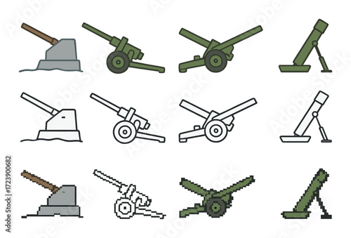 Various styles of cannon illustrations in digital art display