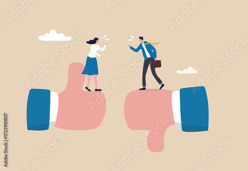 Conflict and argument between colleagues, controversy or difference opinion, disagree, confrontation or rivalry fighting concept, businessman and woman furious arguing on difference thumb up and down
