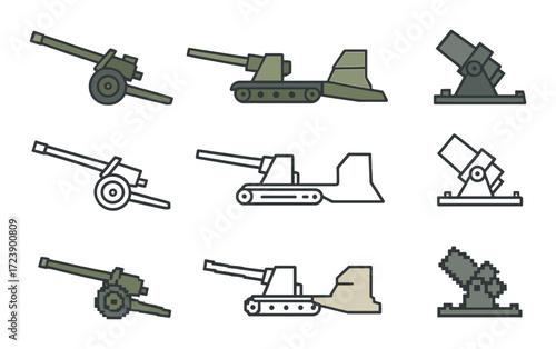 Stylized icons of artillery and mortars in various designs