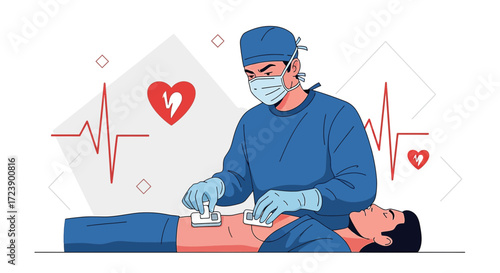 A surgeon performing defibrillation on a patient emergency medical procedure concept showing