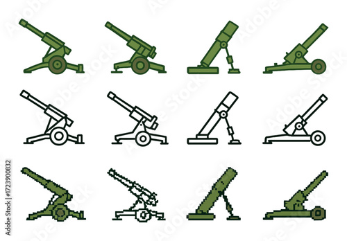 Collection of retro style pixel art cannons on gradient green background