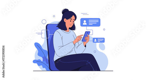A woman engaging in mobile communication and social media interaction on her phone with user
