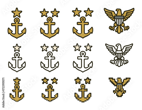 Set of naval and eagle rank insignias in various styles on gold background