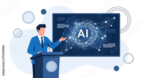 AI presentation with technology connections given by a speaker at a podium for investors or