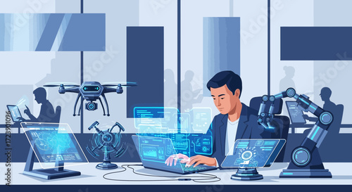 Advanced technology office environment showcasing automation and artificial intelligence integration