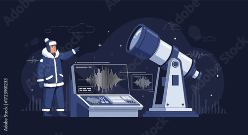 An astronomer is pointing to the stars while analyzing astronomical data using a telescope and