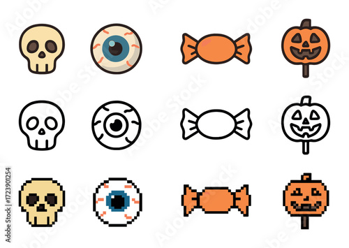 Halloween icon set with skulls, candy, eyeballs, and pumpkins in various styles