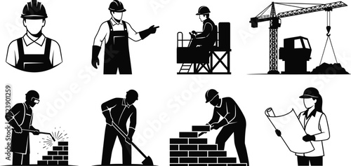Construction worker silhouettes, builder welding, bricklaying, digging, crane operation, engineer with blueprint, building site vector illustration