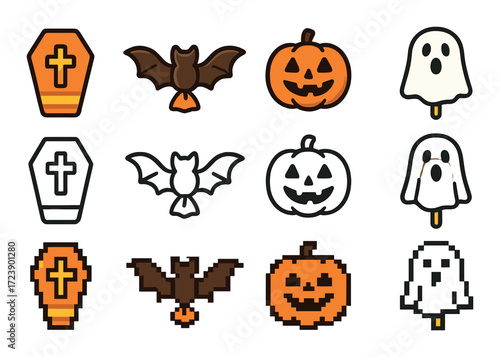 Pixel art halloween icons: ghosts, bats, pumpkins, coffins in retro style
