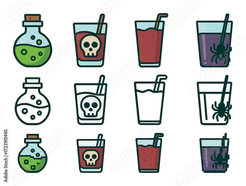 Colorful potion bottles and spooky drinks with straws