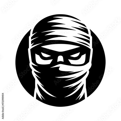 A stern-faced ninja with piercing eyes, ready for action, is a symbol of mystery and skill. This bold, monochromatic artwork embodies stealth, focus, and unwavering resolve. The character.