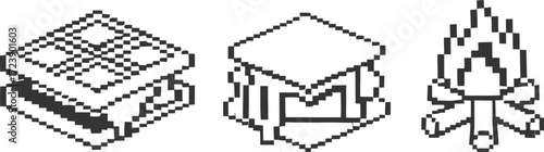 Pixel art icons of a waffle sandwich a regular sandwich and a campfire