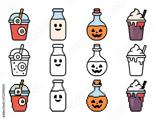 Pixel art halloween drinks: cute spooky beverages with eyeball and pumpkin designs