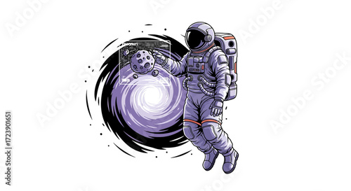 Astronaut explores wormhole with futuristic augmented reality interface in deep space