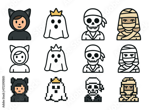 Cartoon halloween costume icons: cat, ghost, skull, mummy