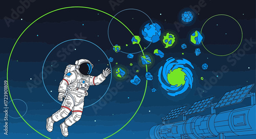 Astronaut floats among scattered planets in the vast expanse of space with a space station